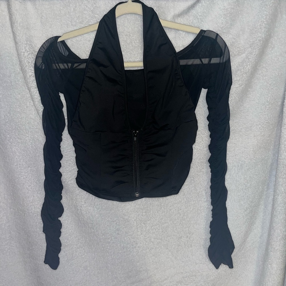 Sheer long-sleeves zip up shirt.